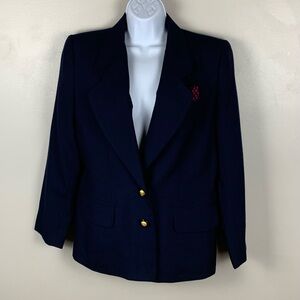 Le Suit Two-Button Blazer‎ Womens Size 10 Navy Blue Jacket Lined Gold Buttons